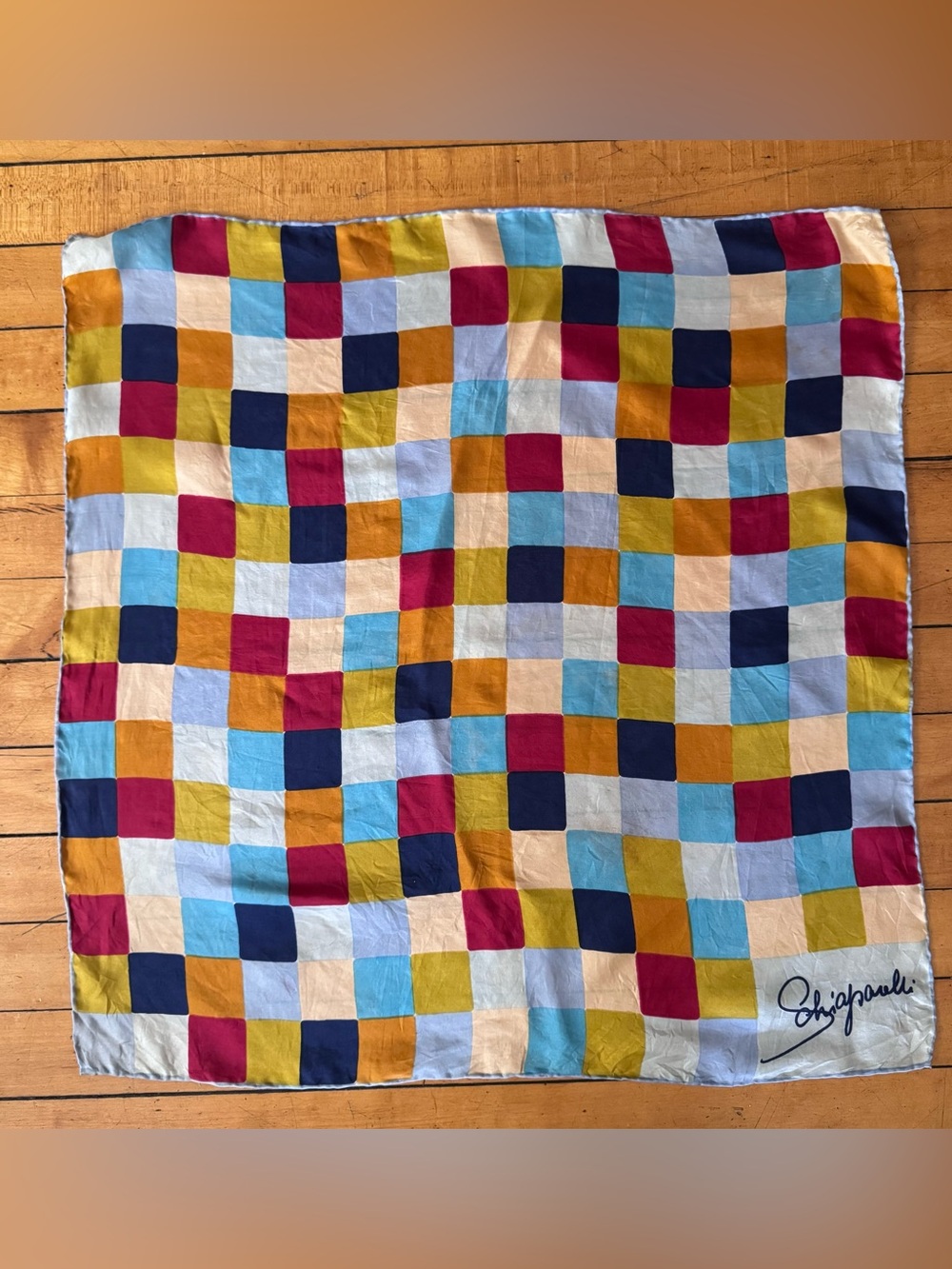 Vintage Schiaparelli Silk Square Scarf Colorful Blocks Hand Sewn Edges 22" x 22"